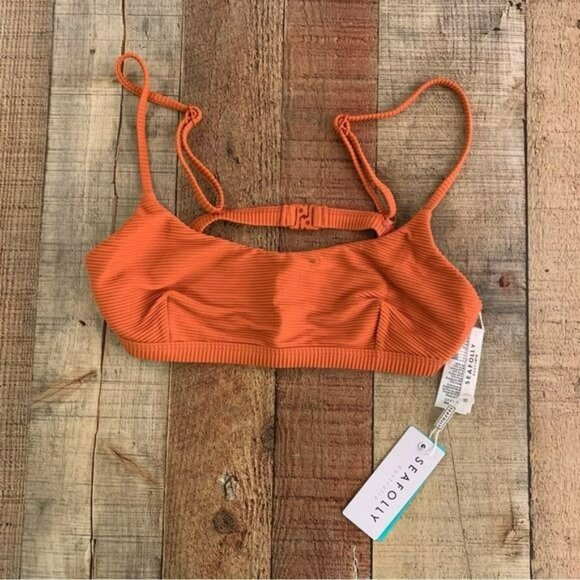 Seafolly Orange Ribbed Bikini Top With Adjustable Straps & Back Clip Closure - Picture 1 of 7